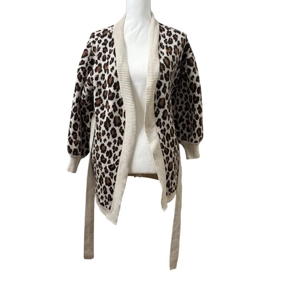 Leopard Print Open Front Belted Knit Cardigan Womens Size Medium Time & Tru - Picture 1 of 12
